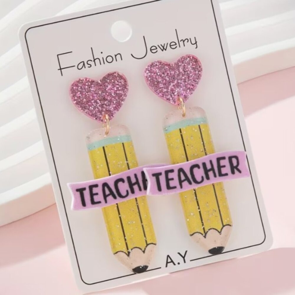 Sparkly‎ Pink Heart & Yellow Pencil TEACHER Dangle Earrings (NEW & SO CUTE!)
